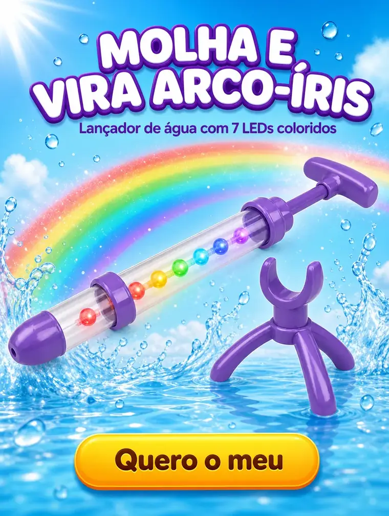 Molha e vira arco-íris: lançador de água com 7 LEDs coloridos. Quero o meu.
