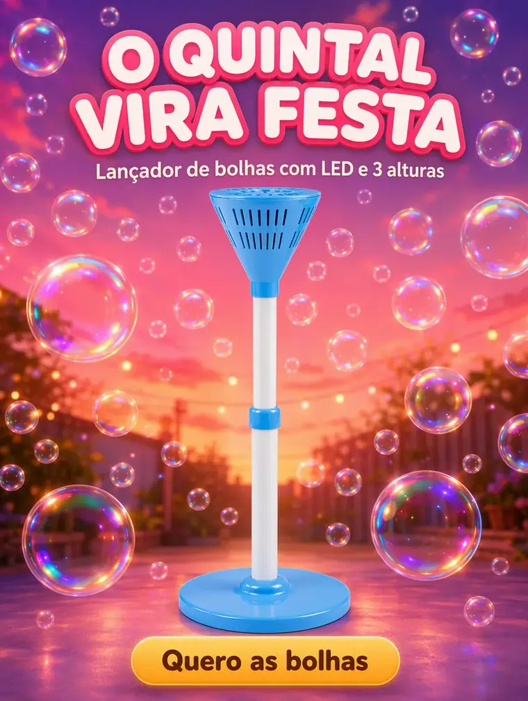 O quintal vira festa: lançador de bolhas com LED e 3 alturas. Quero as bolhas.