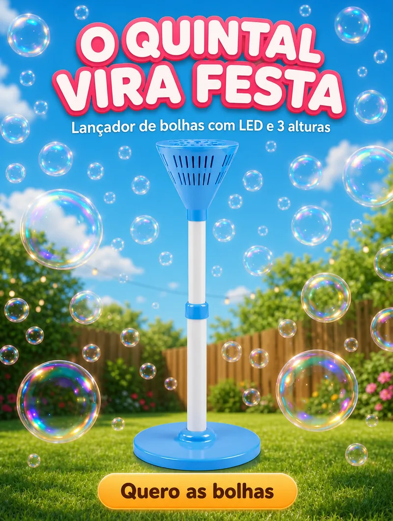 O quintal vira festa: lançador de bolhas com LED e 3 alturas. Quero as bolhas.