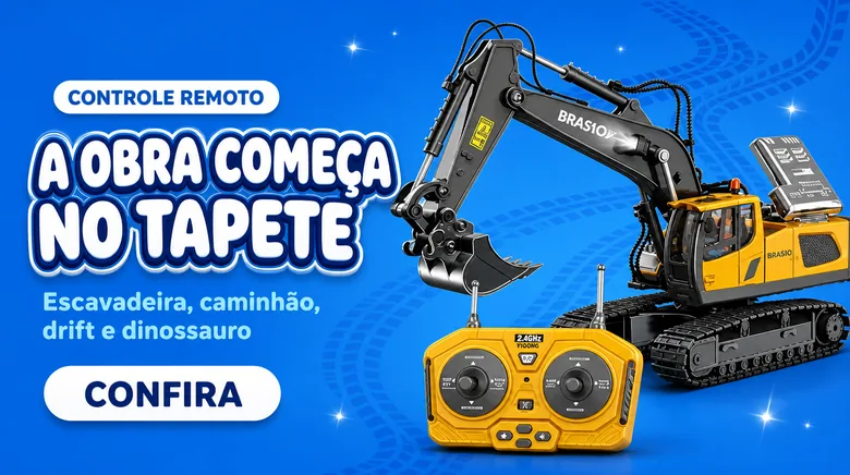 Controle remoto: a obra começa no tapete. Escavadeira, caminhão, drift e dinossauro
