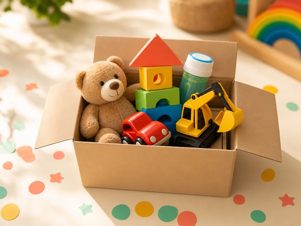 Caixa de papelão aberta com cinco brinquedos dentro: urso de pelúcia, blocos, carrinho, escavadeira e bolha de sabão