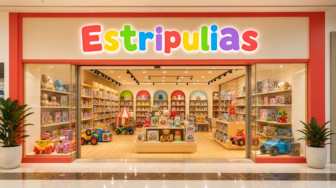 Fachada da loja Estripulias em um shopping, com prateleiras de brinquedos coloridos