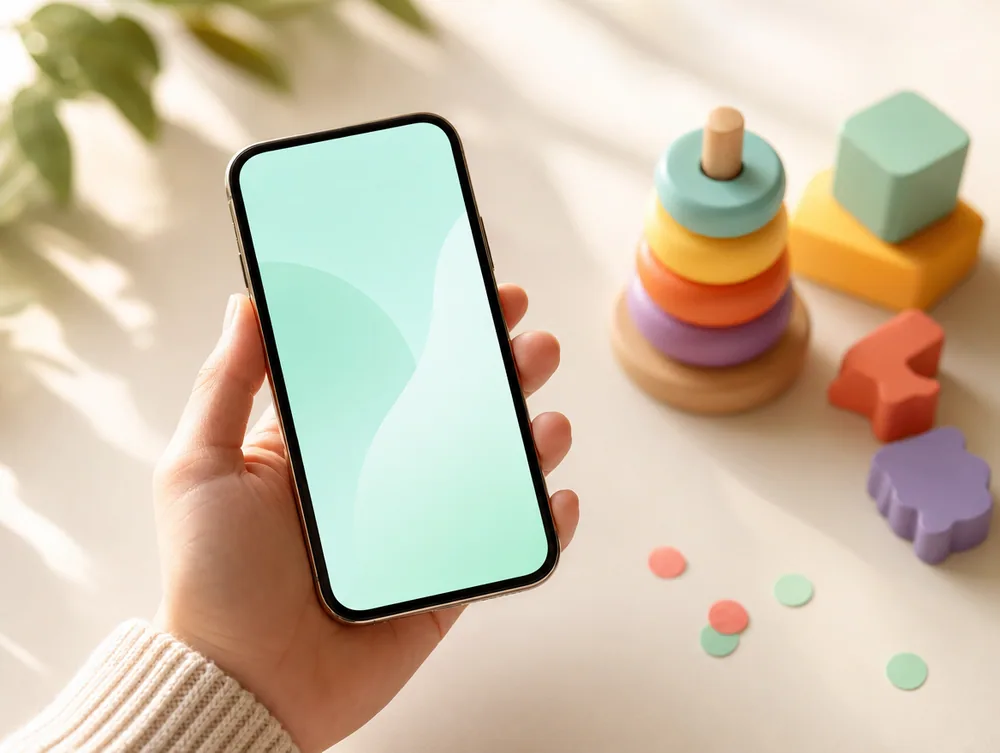 Mão segurando um celular ao lado de brinquedos de madeira, representando o pagamento por Pix