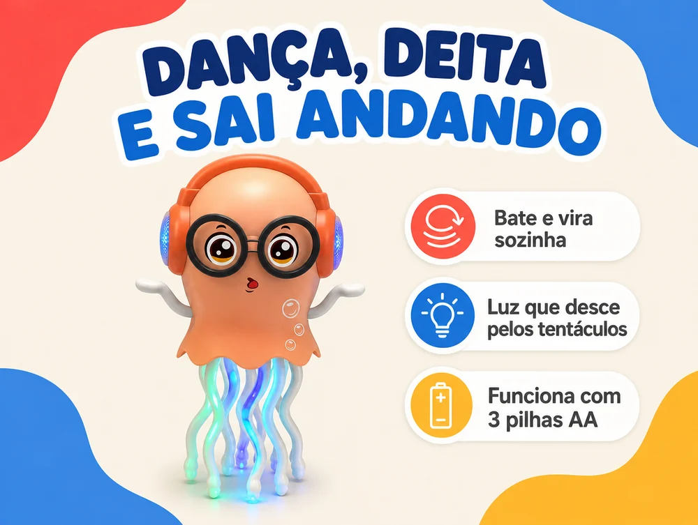 Dança, deita e sai andando: bate e vira sozinha, luz que desce pelos tentáculos, 3 pilhas AA