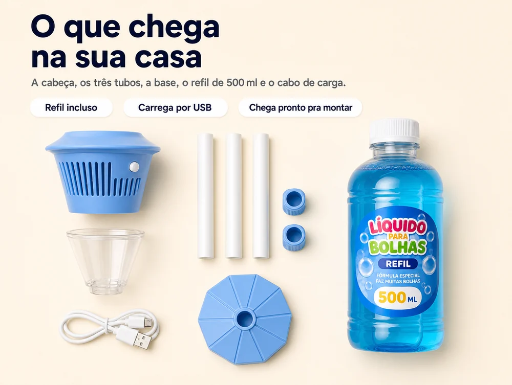 O que chega na sua casa: a cabeça, os três tubos, a base, o refil de 500 ml e o cabo de carga