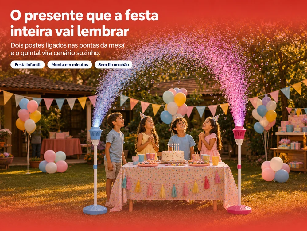 O presente que a festa inteira vai lembrar: dois postes nas pontas da mesa e o quintal vira cenário sozinho
