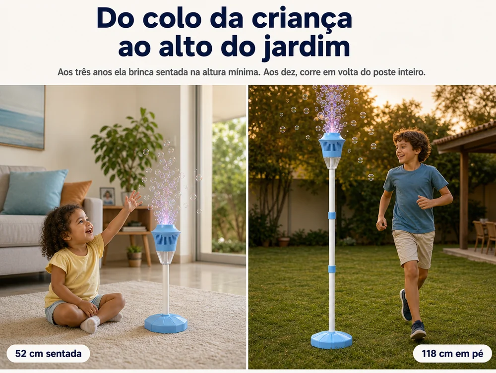 Do colo da criança ao alto do jardim: 52 cm sentada, 118 cm em pé, a partir de 3 anos