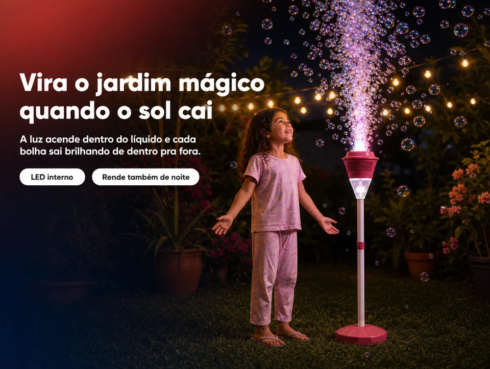Vira o jardim mágico quando o sol cai: a luz acende dentro do líquido e cada bolha sai brilhando