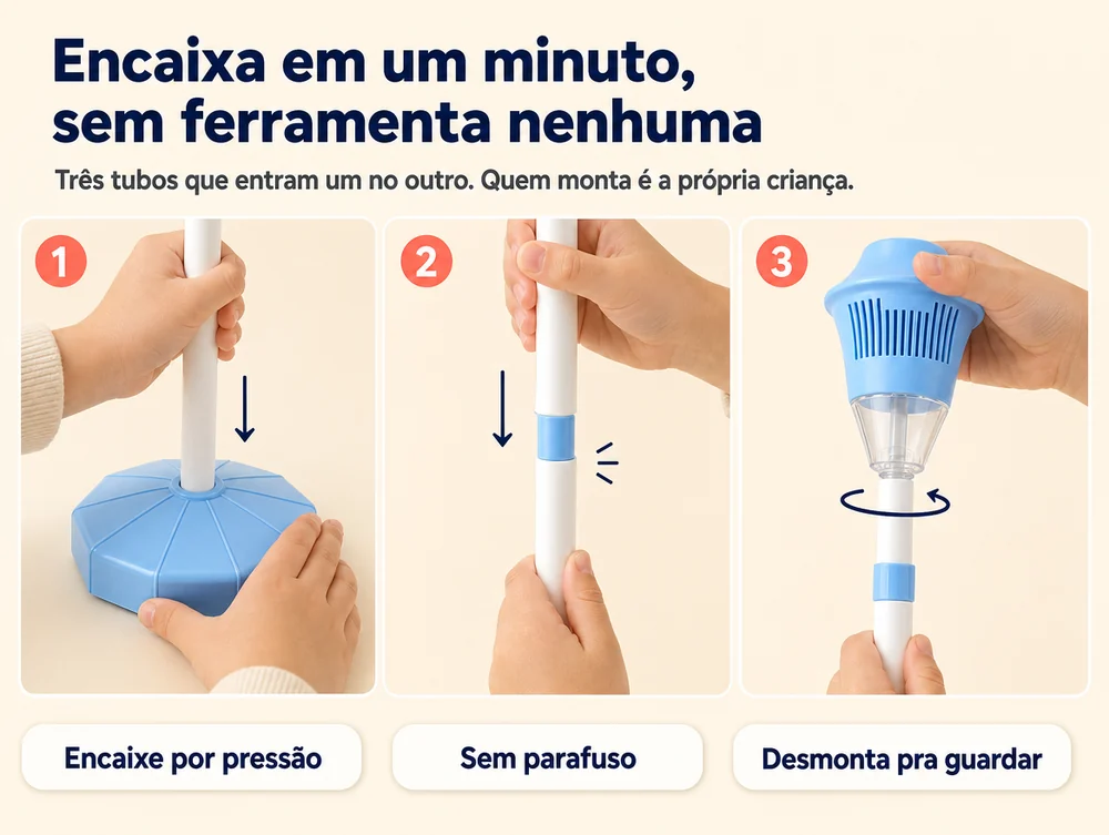 Encaixa em um minuto, sem ferramenta nenhuma: encaixe por pressão, sem parafuso, desmonta pra guardar