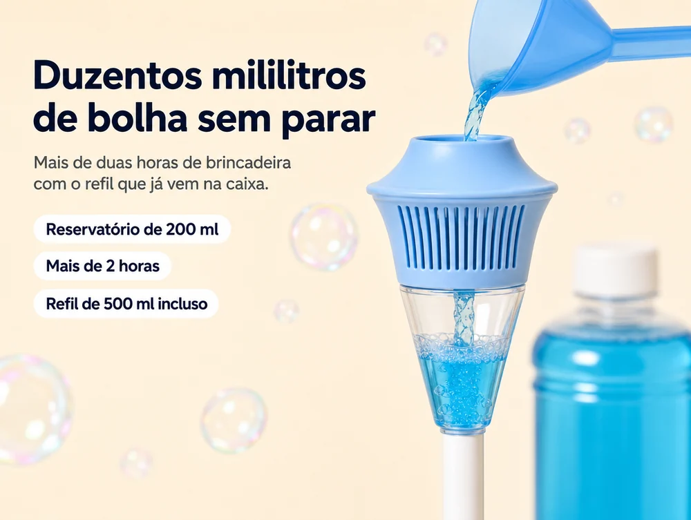 Duzentos mililitros de bolha sem parar: mais de duas horas com o refil que já vem na caixa