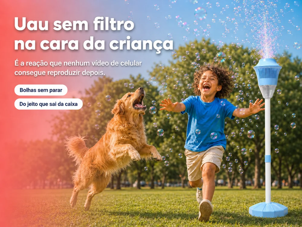 Uau sem filtro na cara da criança: bolhas sem parar, do jeito que sai da caixa