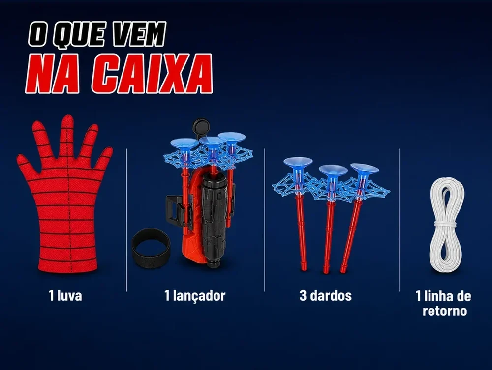 O que vem na caixa: 1 luva, 1 lançador, 3 dardos e a linha de retorno