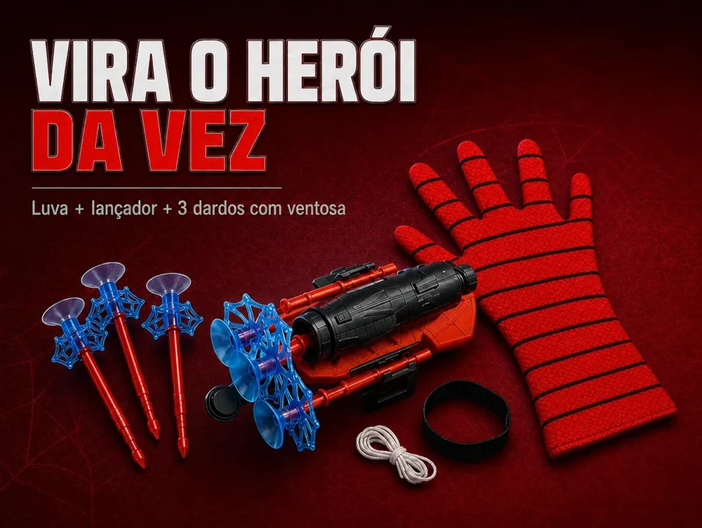 Vira o herói da vez: luva, lançador e 3 dardos com ventosa