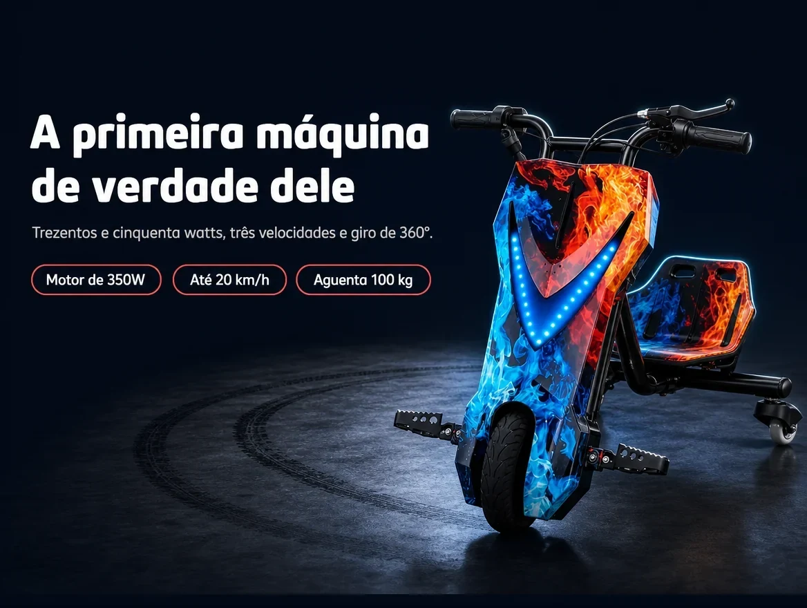 A primeira máquina de verdade dele: motor de 350W, três velocidades e giro de 360°