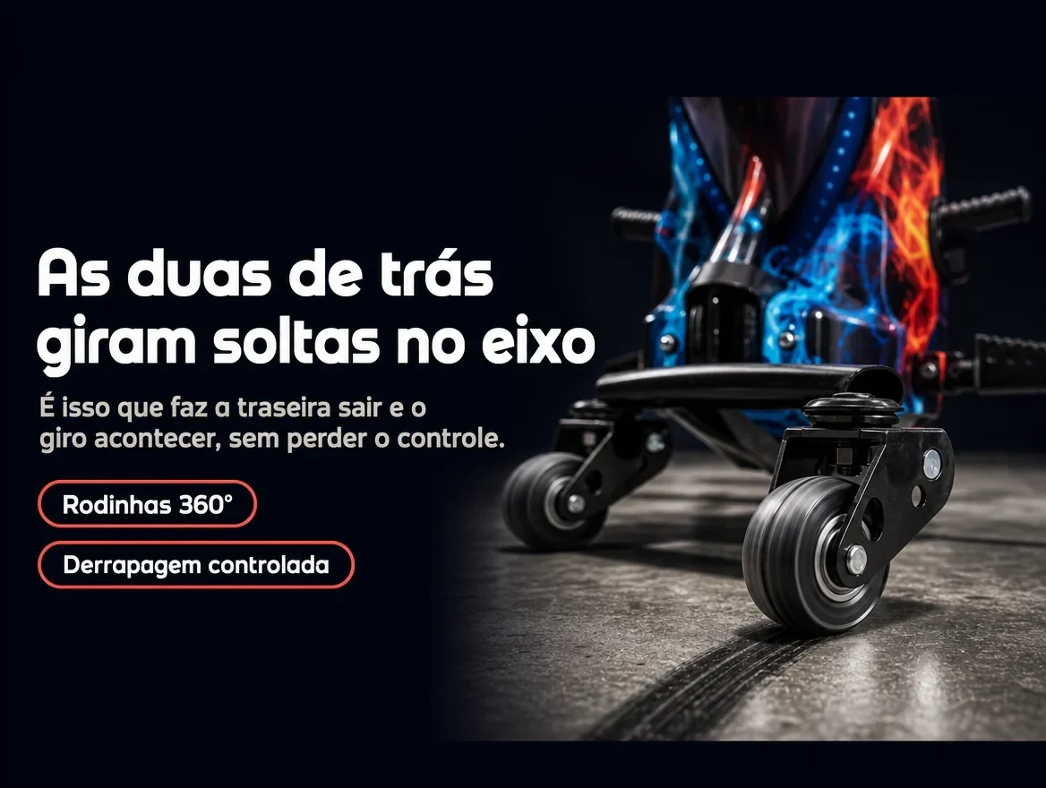As duas rodas de trás giram soltas no eixo — é isso que faz o giro acontecer