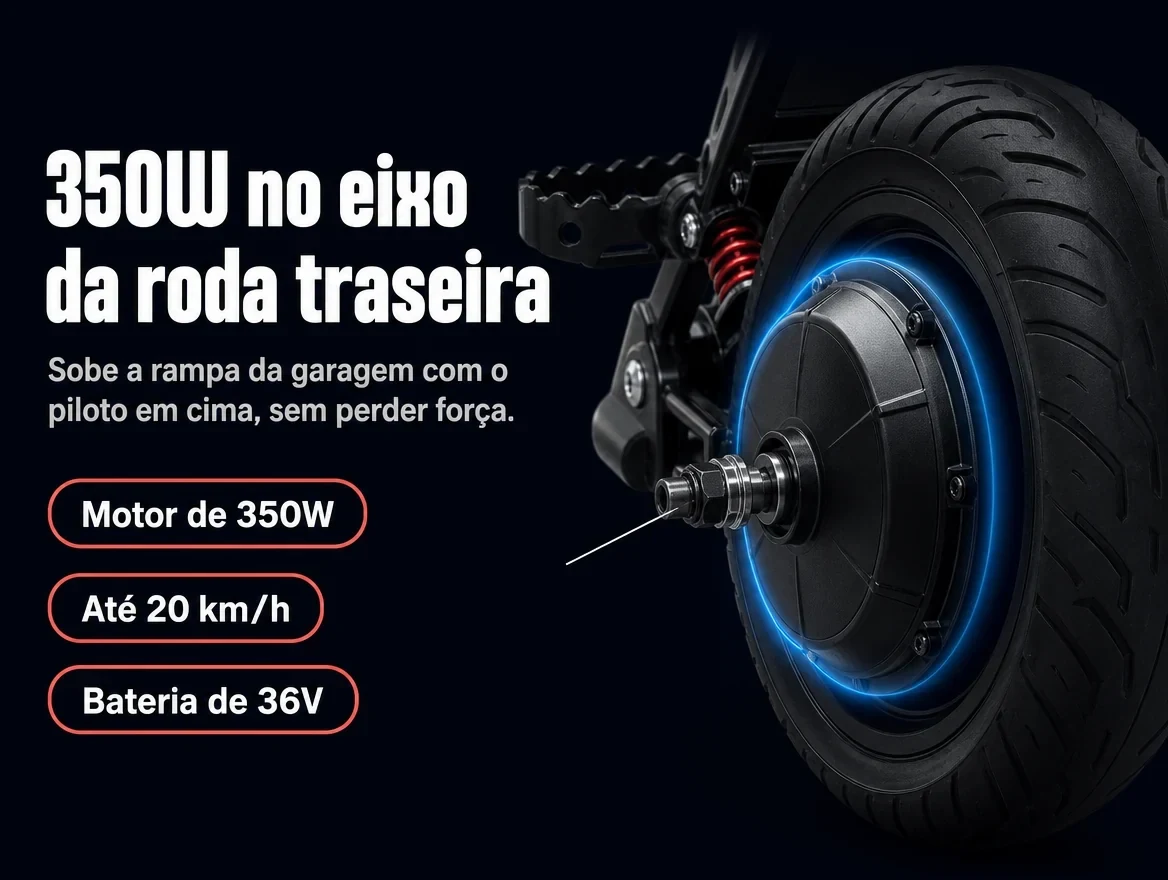 350W no eixo da roda traseira, até 20 km/h, bateria de 36V