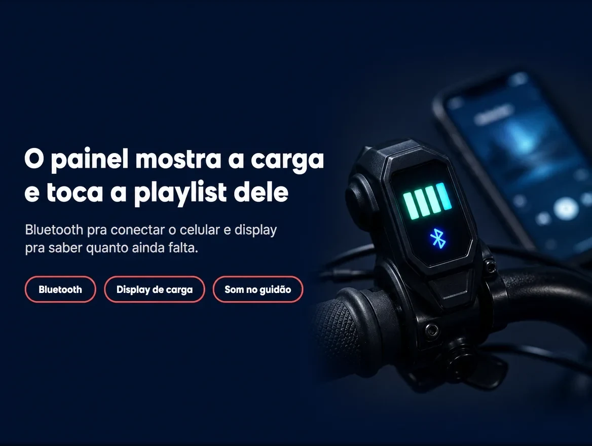 O painel mostra a carga da bateria e toca a playlist dele por Bluetooth