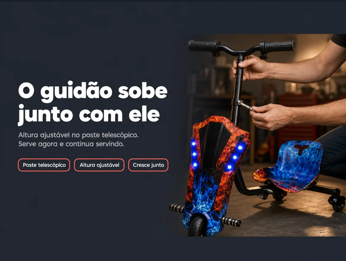 O guidão sobe junto com ele — poste telescópico com altura ajustável