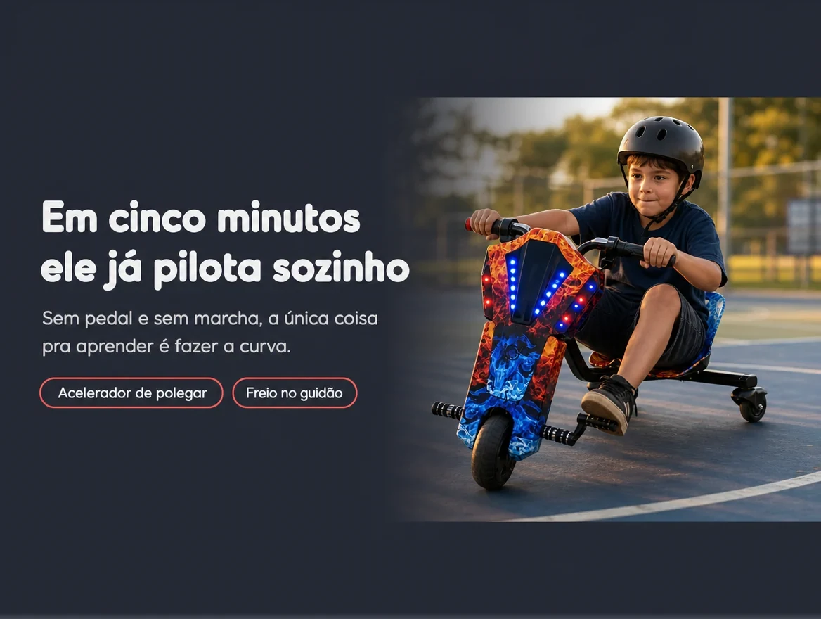 Em cinco minutos ele já pilota sozinho: acelerador de polegar e freio no guidão