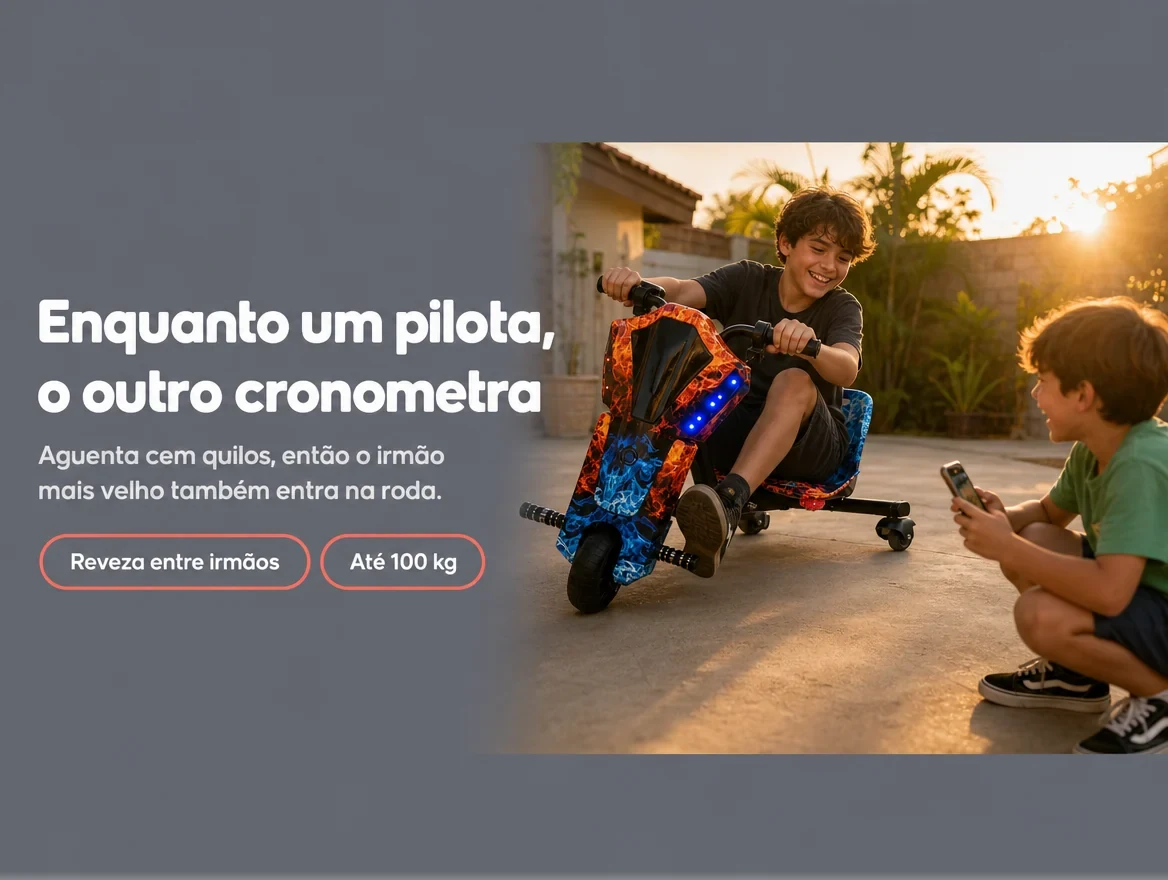 Enquanto um pilota, o outro cronometra — aguenta cem quilos, então o irmão mais velho também anda