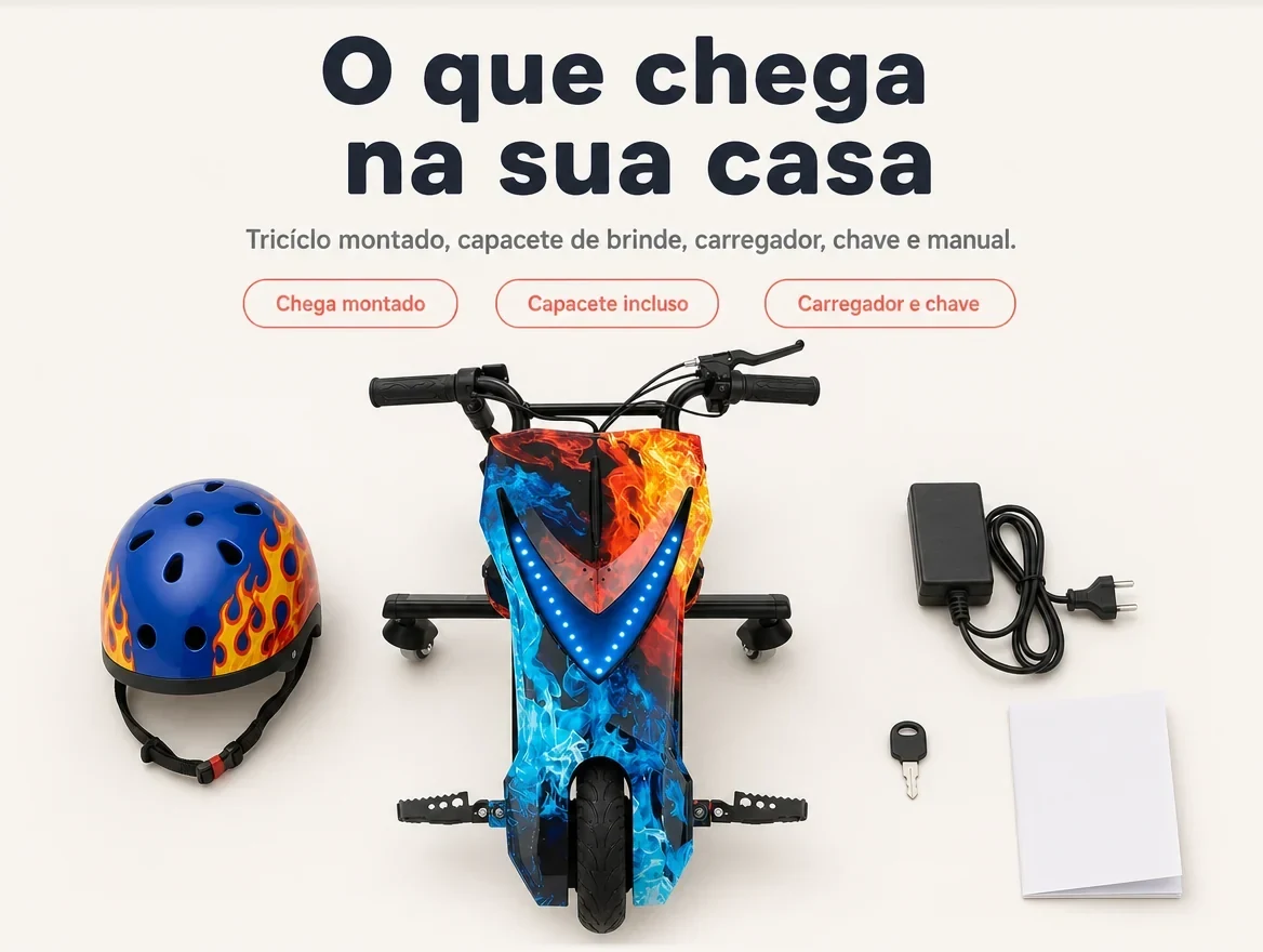 O que chega na sua casa: triciclo montado, capacete de brinde, carregador, chave e manual