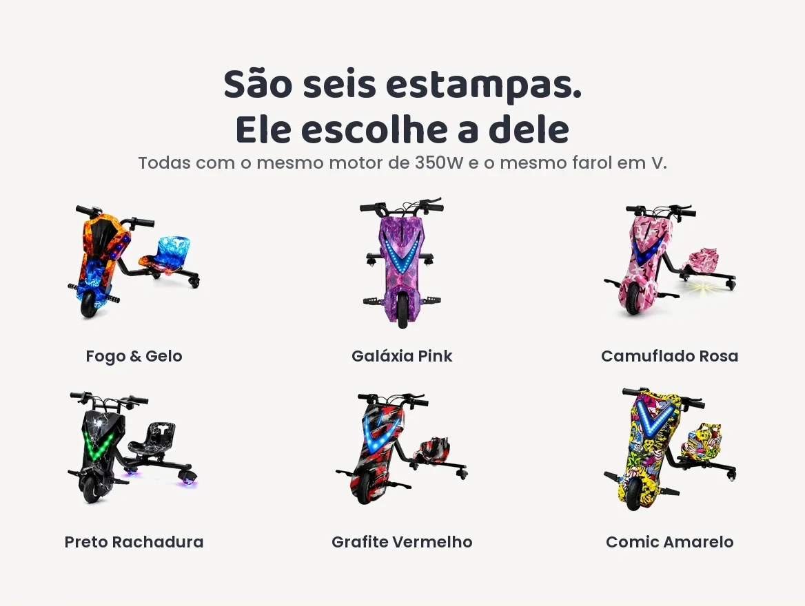 São seis estampas: Fogo e Gelo, Galáxia Pink, Camuflado Rosa, Preto Rachadura, Grafite Vermelho e Comic Amarelo