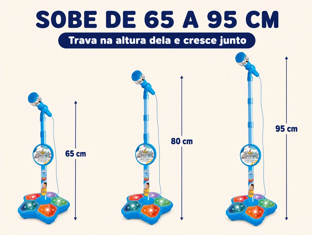 Sobe de 65 a 95 cm e trava na altura dela, crescendo junto