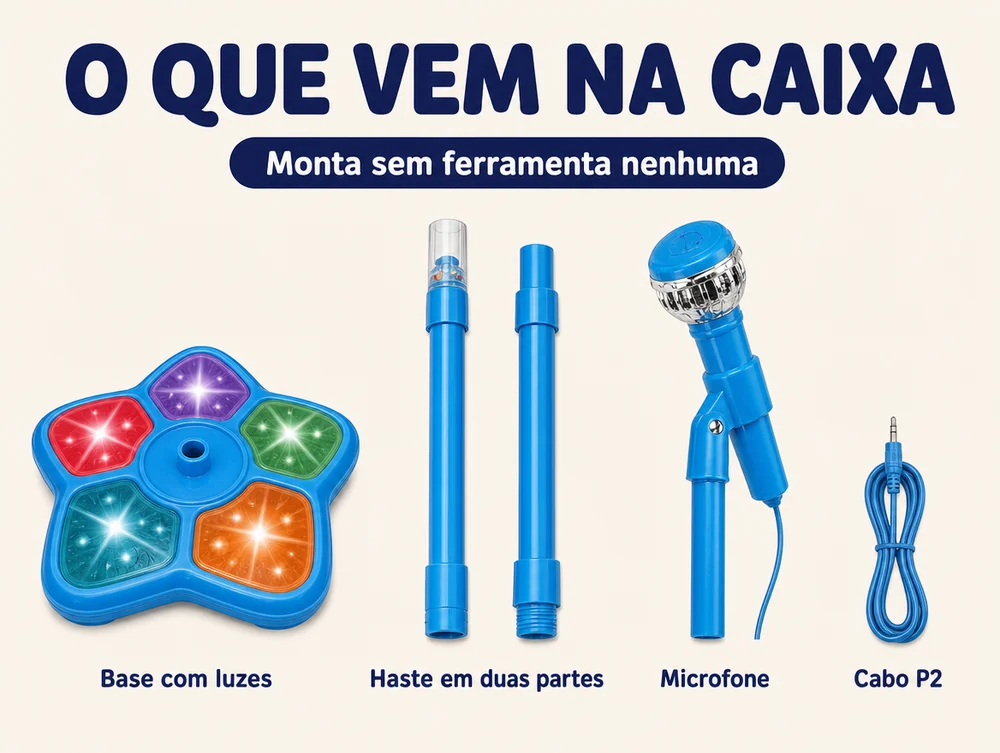 O que vem na caixa: base com luzes, haste em duas partes, microfone e cabo P2