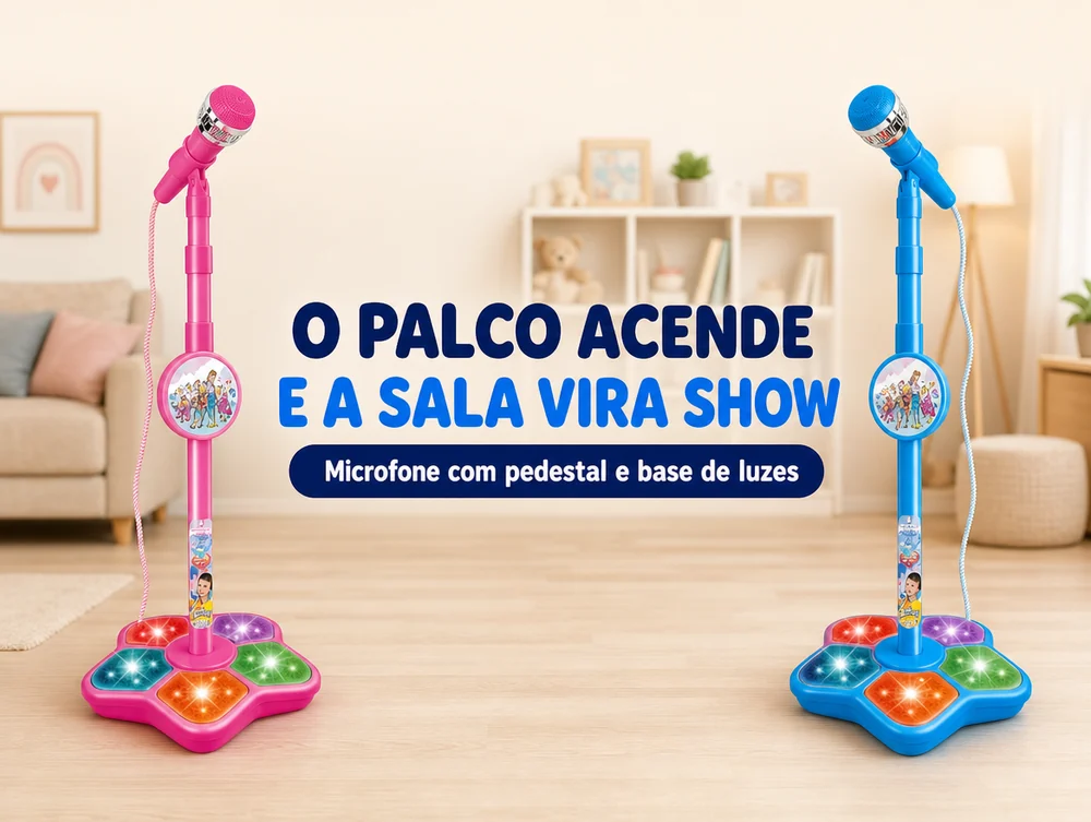 O palco acende e a sala vira show: microfone com pedestal e base de luzes, em azul e rosa
