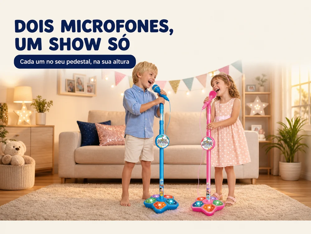 Dois microfones, um show só: cada um no seu pedestal, na sua altura