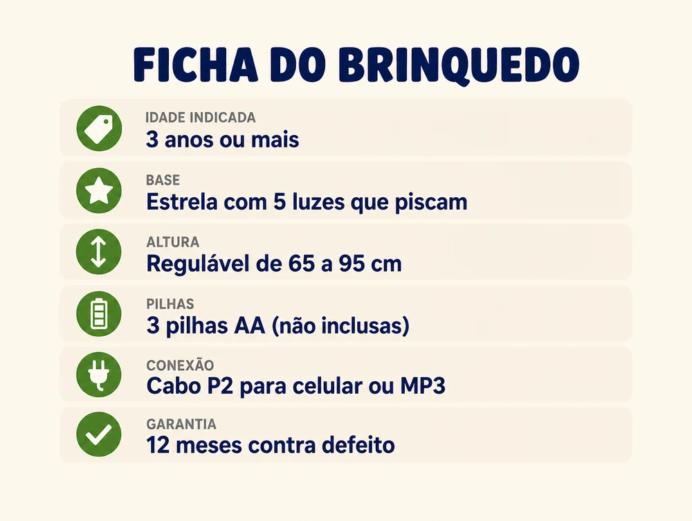 Ficha do brinquedo: a partir de 3 anos, base com 5 luzes, altura de 65 a 95 cm, 3 pilhas AA, cabo P2 e 12 meses de garantia