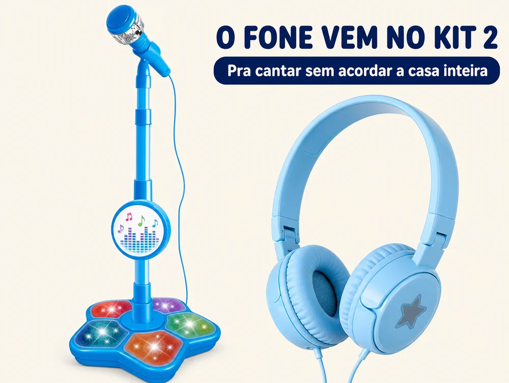 O fone vem no kit 2, pra cantar sem acordar a casa inteira