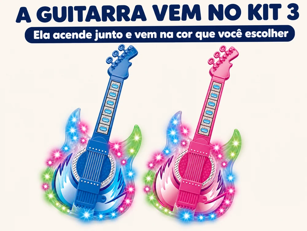 A guitarra vem no kit 3: acende junto e vem na cor que você escolher