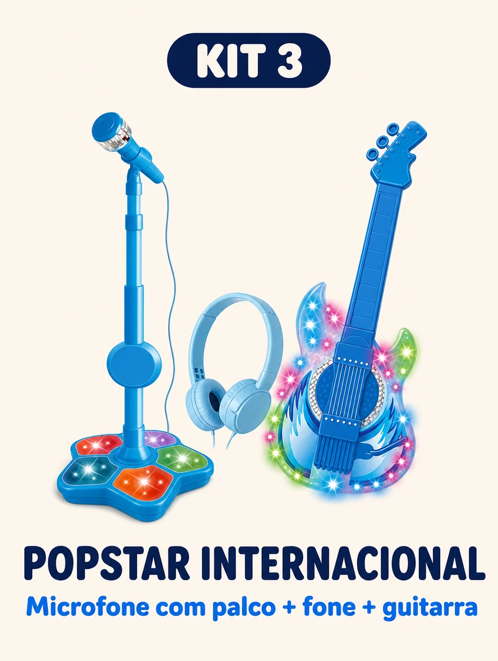 Kit Popstar Internacional: microfone com palco, fone e a guitarra que acende