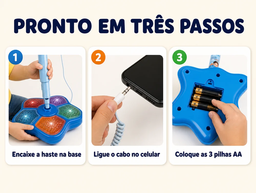 Pronto em três passos: encaixe a haste na base, ligue o cabo no celular e coloque as 3 pilhas AA