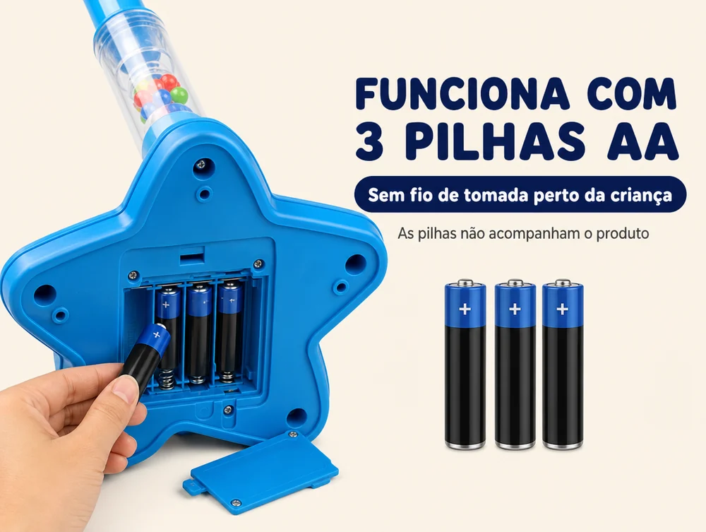 Funciona com 3 pilhas AA, sem fio de tomada perto da criança