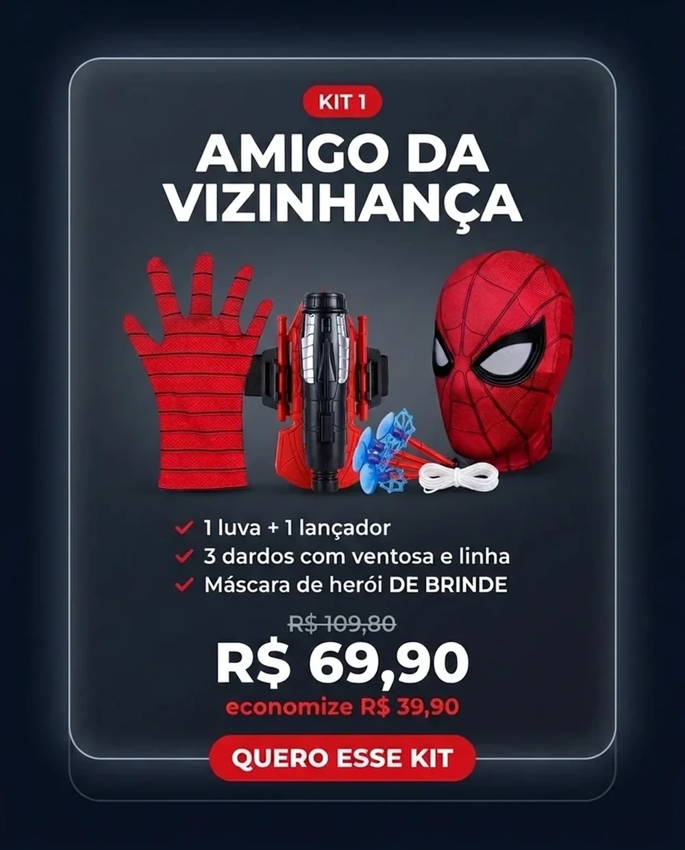 Kit 1 Amigo da Vizinhança: luva, lançador e máscara de brinde por R$ 69,90