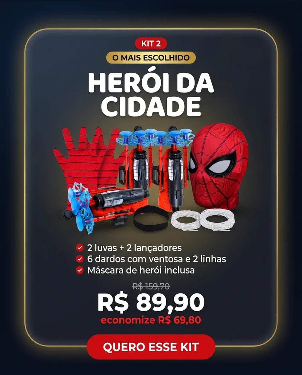 Kit 2 Herói da Cidade: par de luvas, par de lançadores e máscara por R$ 89,90