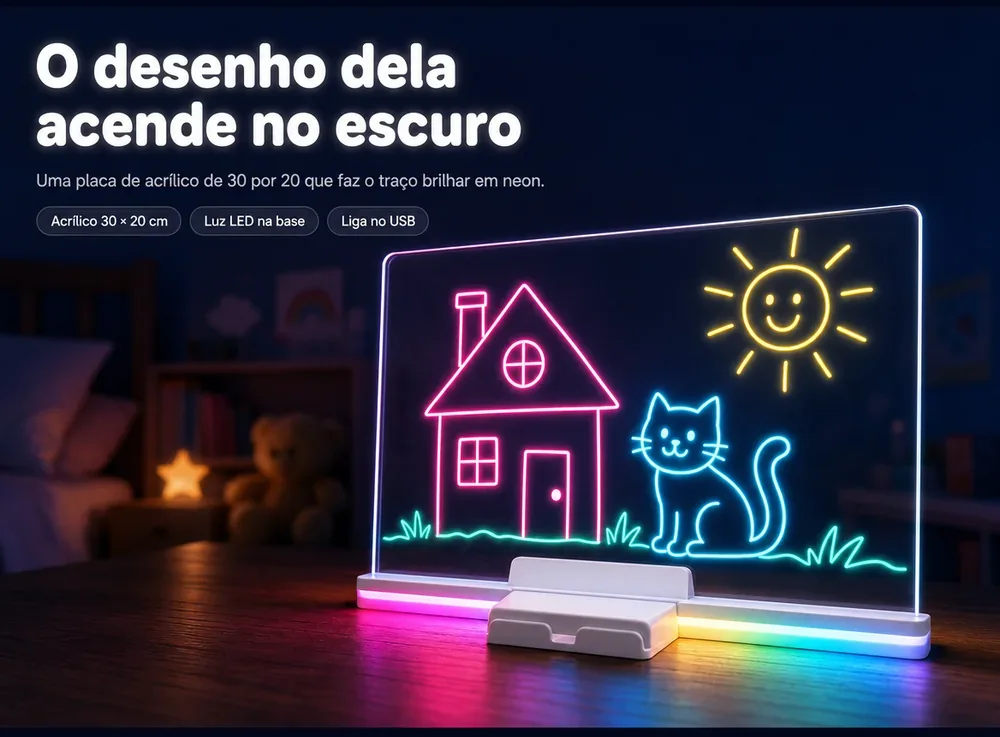 O desenho dela acende no escuro: placa de acrílico de 30 por 20 que faz o traço brilhar em neon