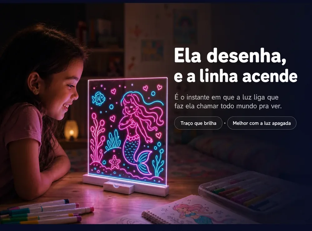 Ela desenha e a linha acende — o instante em que a luz liga