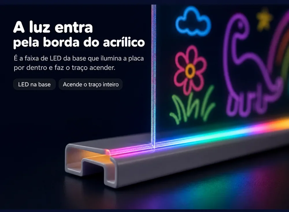 A luz entra pela borda do acrílico — é a faixa de LED da base que acende o traço