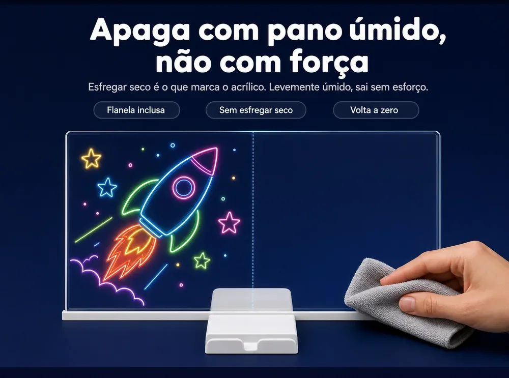 Apaga com pano úmido, não com força: esfregar seco é o que marca o acrílico
