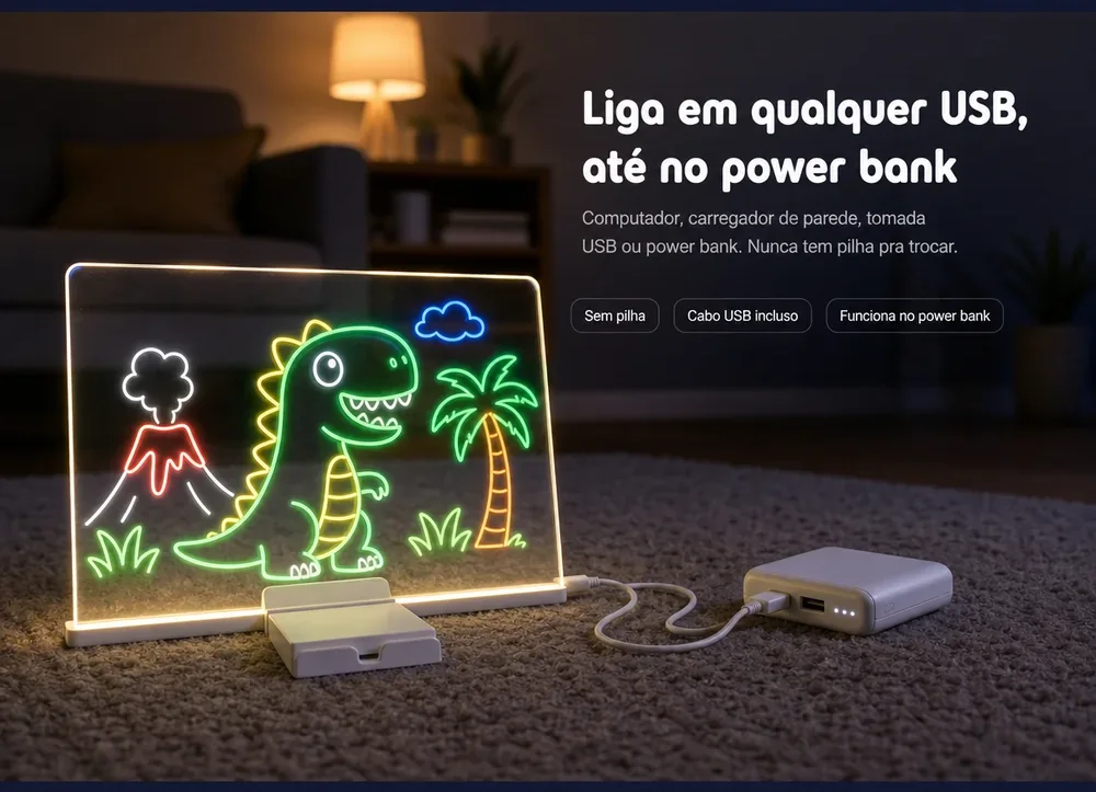 Liga em qualquer USB, até no power bank — nunca tem pilha pra trocar