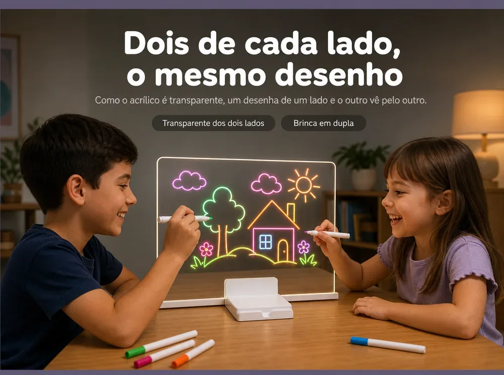 Dois de cada lado, o mesmo desenho — o acrílico é transparente dos dois lados