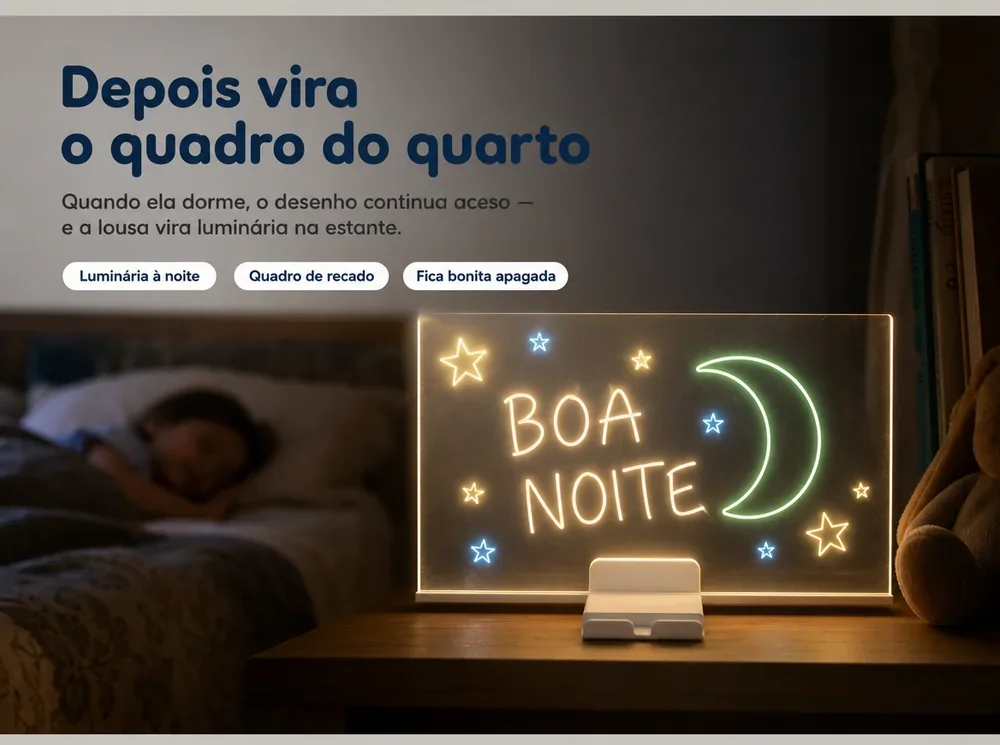 Depois vira o quadro do quarto e serve de luminária à noite