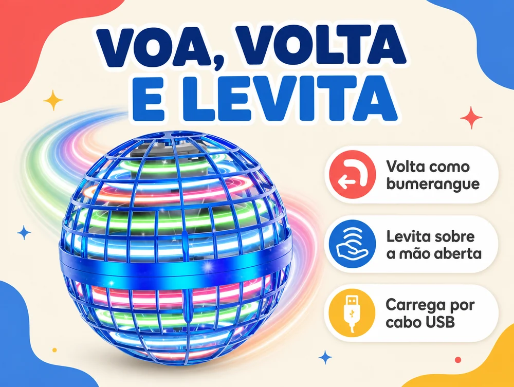Voa, volta e levita: volta como bumerangue, levita sobre a mão, carrega por cabo USB