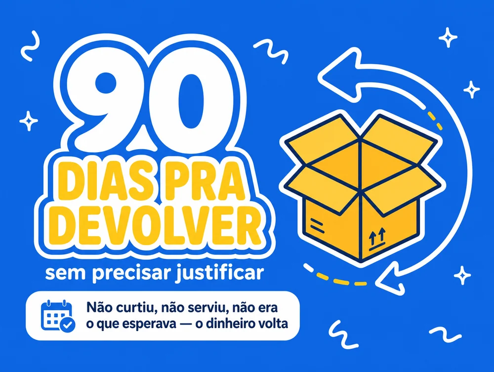90 dias pra devolver, sem precisar justificar: não curtiu, não serviu, não era o que esperava — o dinheiro volta