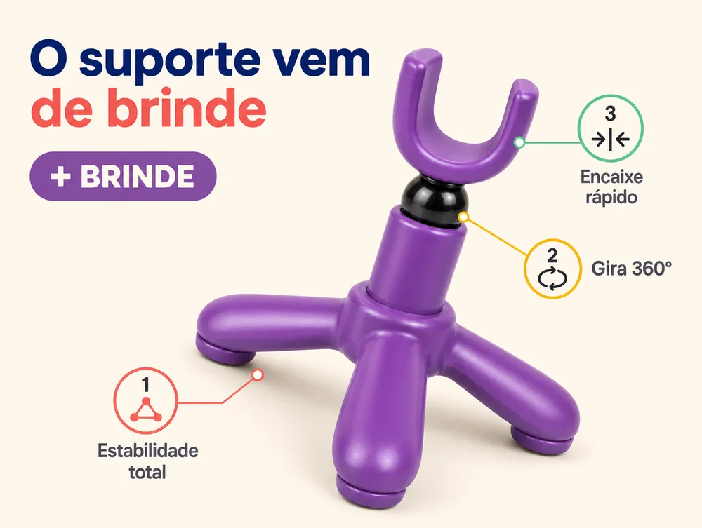 O suporte vem de brinde: estabilidade total, gira 360 graus e encaixe rápido