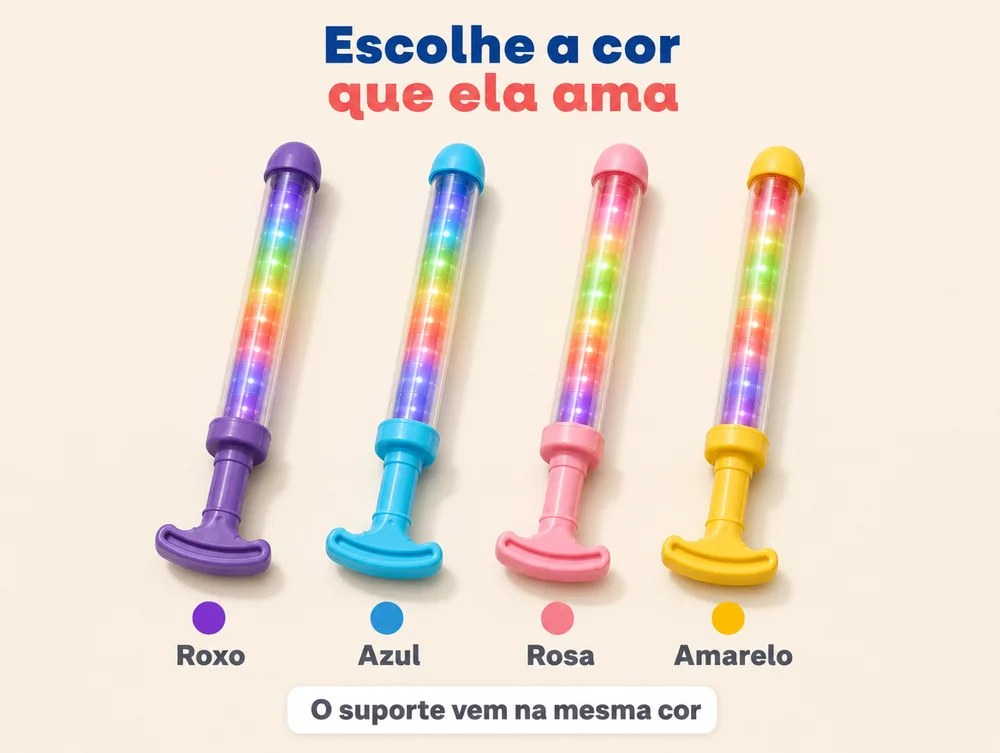Escolhe a cor que ela ama: roxo, azul, rosa ou amarelo — o suporte vem na mesma cor