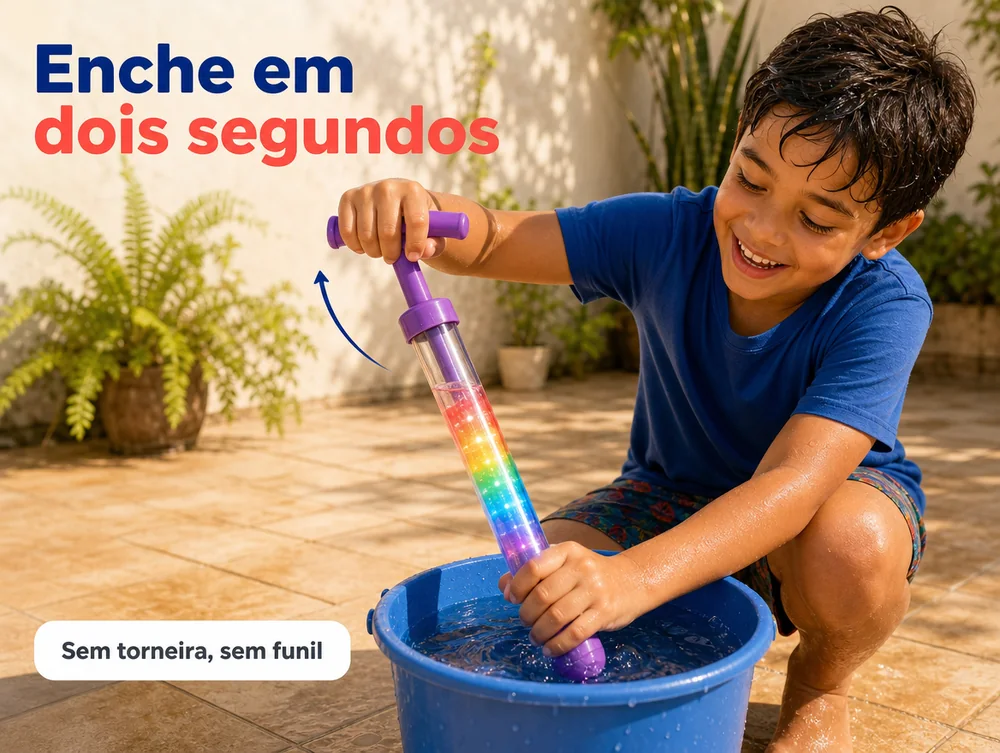 Enche em dois segundos: encosta o bico na água e puxa o punho — sem torneira, sem funil